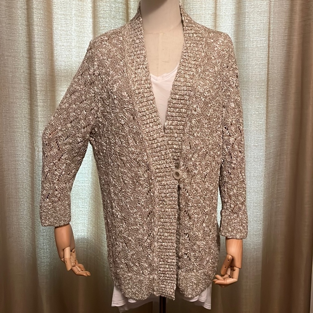 CJ Banks Open Knit Button Close Cardigan in Cream and Oatmeal Colors Womens 1X